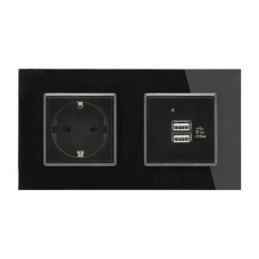 Dupla Sorolt Fekete Üvegkeretes Konnektor + Dupla USB Csatlakozó